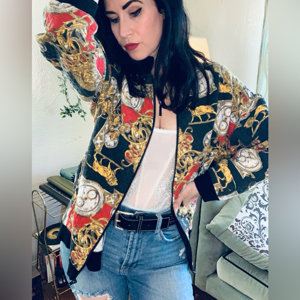 Vintage Baroque Patterned Bomber Jacket - image 2